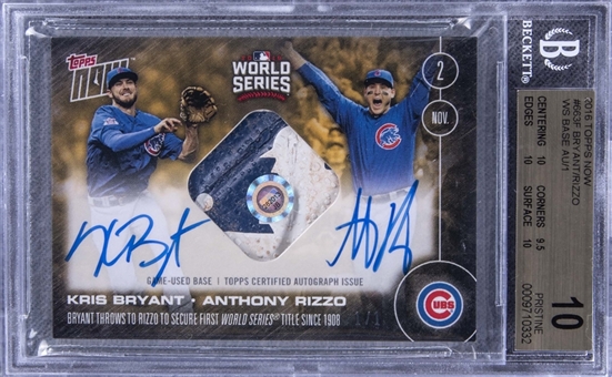 2016 Topps Now "World Series - Game 7" Gold #663F Kris Bryant/Anthony Rizzo Dual-Signed Relic Card (#1/1) - BGS PRISTINE 10/BGS 10